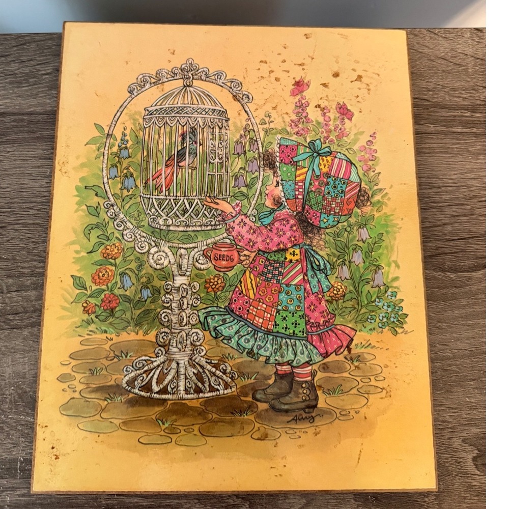 Vintage Patchwork Girl feeding Birds Wooden Wall Plaque Retro 70s Decor 7.5x10